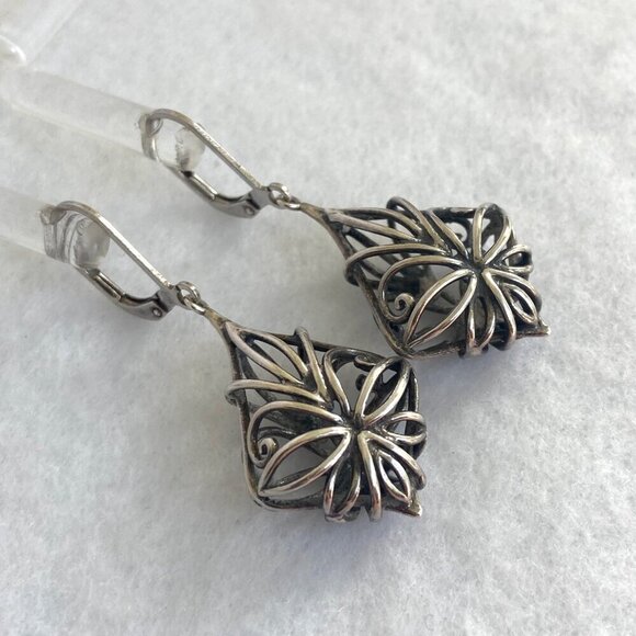 Sterling Silver 925 CFJ Filigree Openwork Scrollwork Leverback Dangle Earrings - Picture 3 of 16